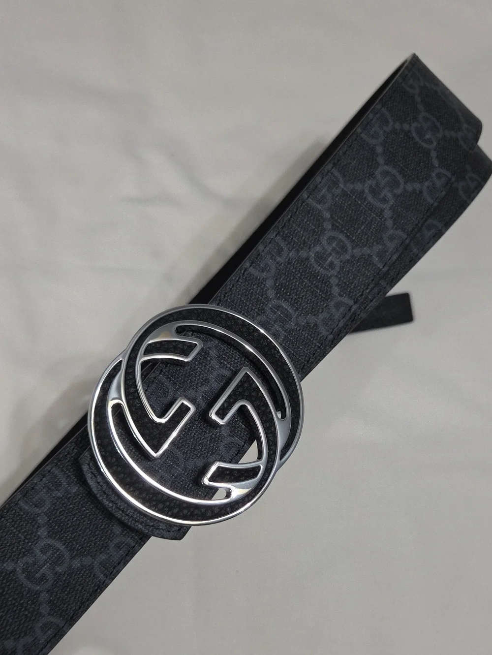 Gucci Black Leather Monogram Belt Silver Double GG Buckle